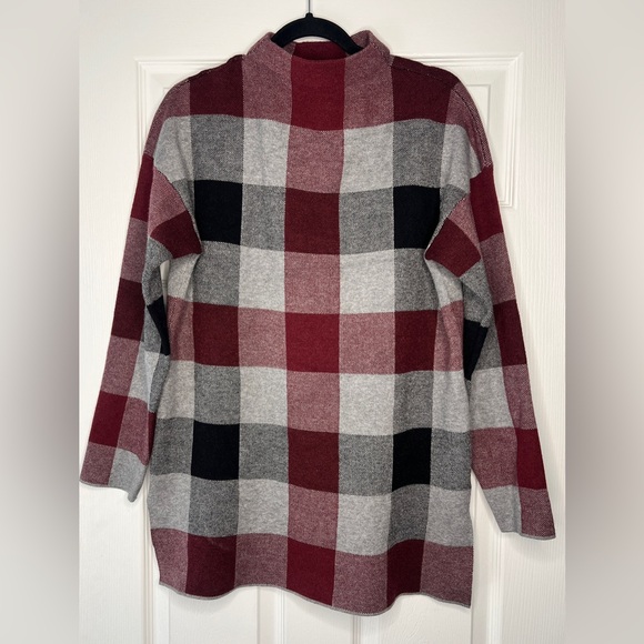 Tahari Sweaters - Tahari Plaid Mock Neck Knit Top Burgundy Gray Black Ivory Sweater | Size L